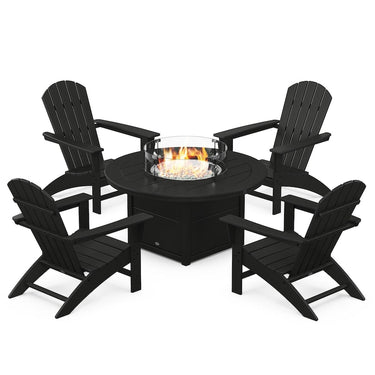 POLYWOOD Nautical 5-Piece Adirondack Chair Conversation Set w/ Fire Pit Table - Black